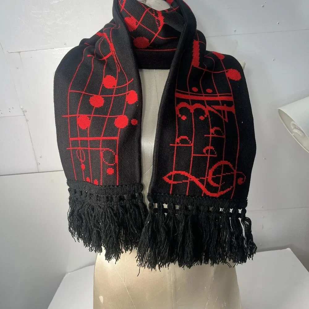 Vintage Scarf Music Staff Notes 1982 By Edgerton PA  88” Long red on black
